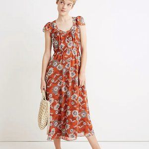 Madewell Sheer-Sleeve Button-Front Midi Dress in Gathered Blooms Size 00